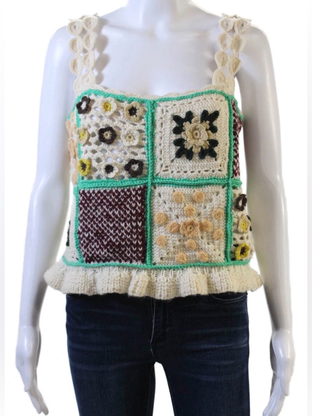 Sea New York Womens Wool
Patchwork Floral crochet Knit Top cream ivory Size L